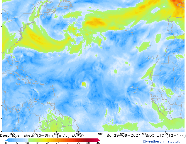 Deep layer shear (0-6km) ECMWF nie. 29.09.2024 18 UTC