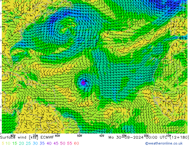 wiatr 10 m ECMWF pon. 30.09.2024 00 UTC