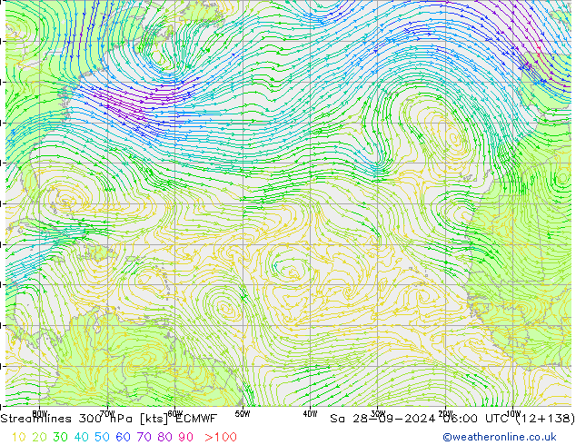 Linea di flusso 300 hPa ECMWF sab 28.09.2024 06 UTC