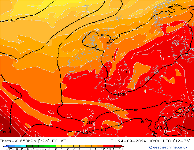 Theta-W 850hPa ECMWF Út 24.09.2024 00 UTC