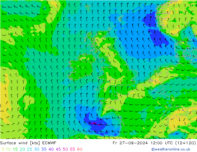 Wind 10 m ECMWF vr 27.09.2024 12 UTC