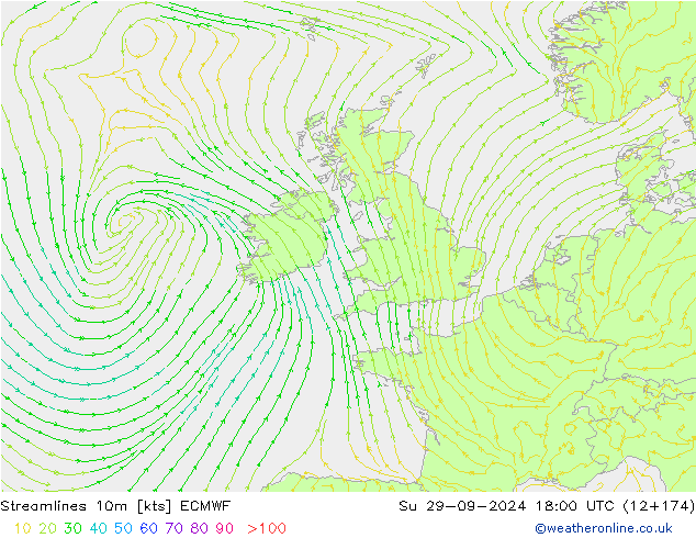 Streamlines 10m ECMWF Su 29.09.2024 18 UTC