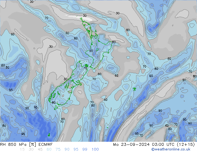 Humedad rel. 850hPa ECMWF lun 23.09.2024 03 UTC