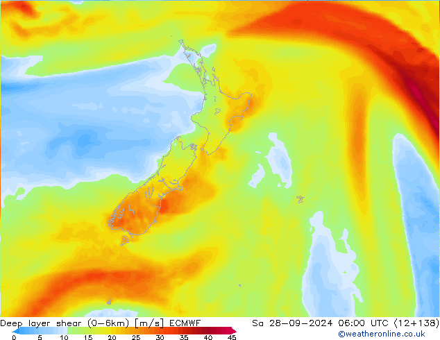 Deep layer shear (0-6km) ECMWF Sa 28.09.2024 06 UTC