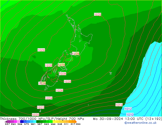 Thck 700-1000 hPa ECMWF lun 30.09.2024 12 UTC