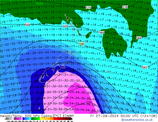 Z500/Rain (+SLP)/Z850 ECMWF Fr 27.09.2024 00 UTC