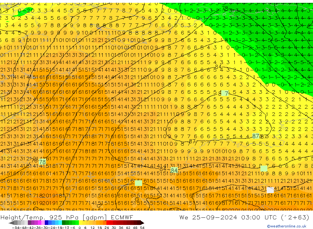 Height/Temp. 925 hPa ECMWF Qua 25.09.2024 03 UTC