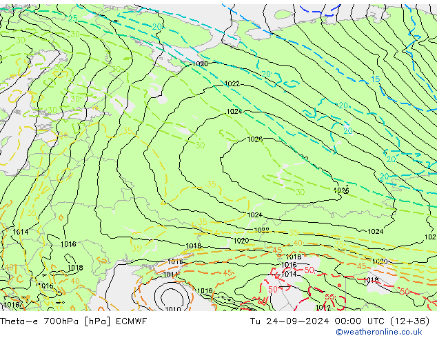 Theta-e 700hPa ECMWF Tu 24.09.2024 00 UTC