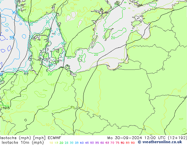 Isotachen (mph) ECMWF Mo 30.09.2024 12 UTC