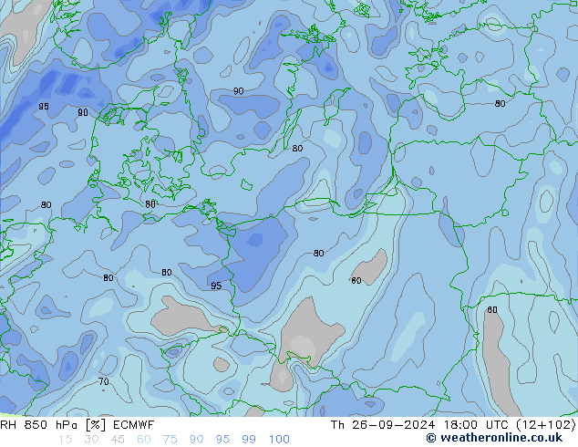 RH 850 hPa ECMWF czw. 26.09.2024 18 UTC