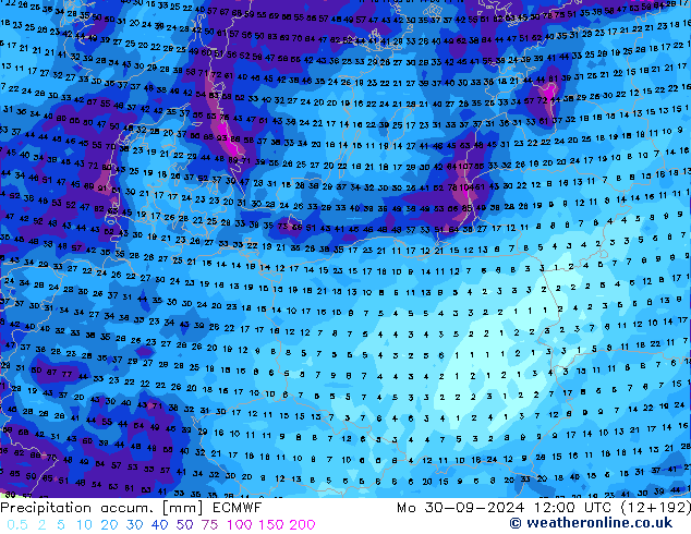 Precipitation accum. ECMWF Mo 30.09.2024 12 UTC