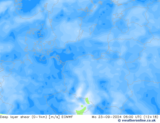 Deep layer shear (0-1km) ECMWF пн 23.09.2024 06 UTC