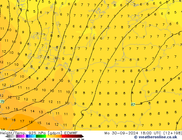 Height/Temp. 925 hPa ECMWF Mo 30.09.2024 18 UTC