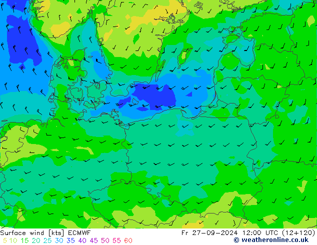 wiatr 10 m ECMWF pt. 27.09.2024 12 UTC