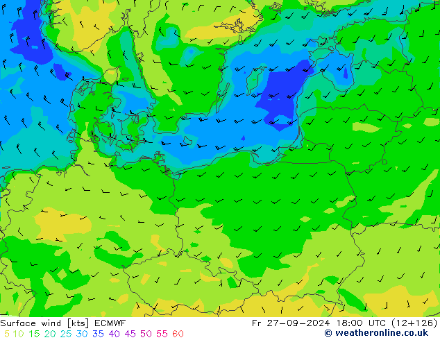 Surface wind ECMWF Fr 27.09.2024 18 UTC