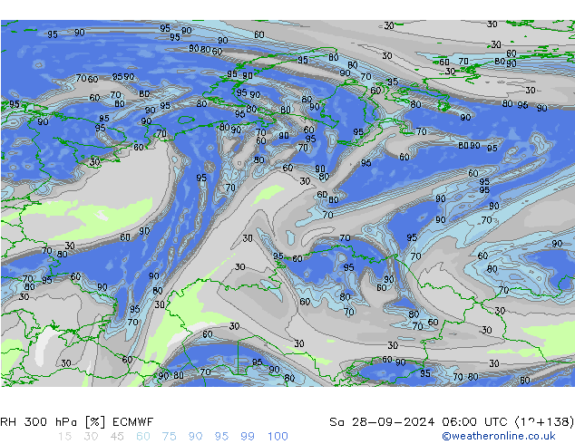 RH 300 hPa ECMWF so. 28.09.2024 06 UTC