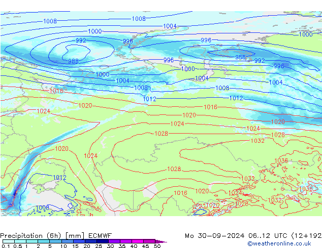 Z500/Rain (+SLP)/Z850 ECMWF пн 30.09.2024 12 UTC