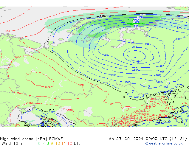 High wind areas ECMWF Mo 23.09.2024 09 UTC