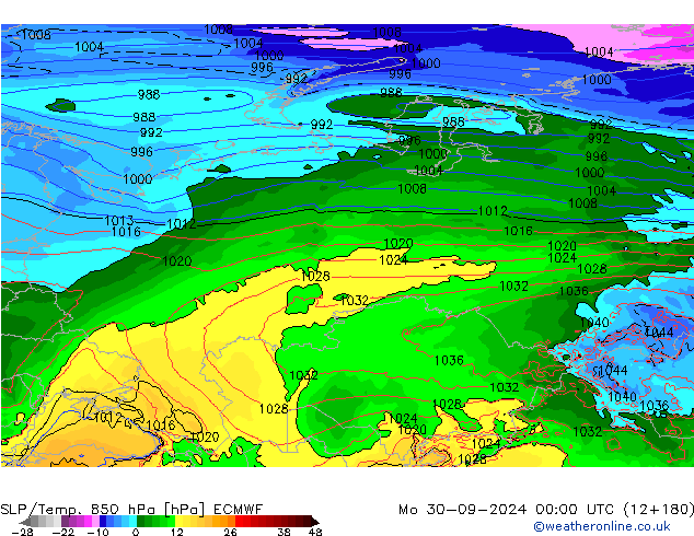 SLP/Temp. 850 hPa ECMWF pon. 30.09.2024 00 UTC