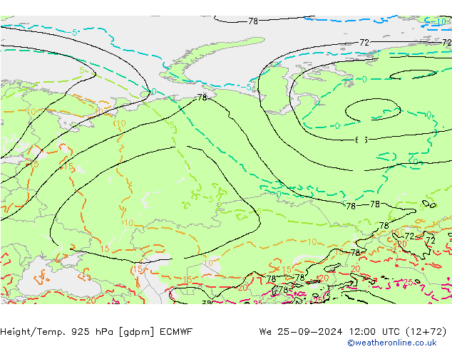 Height/Temp. 925 hPa ECMWF Qua 25.09.2024 12 UTC