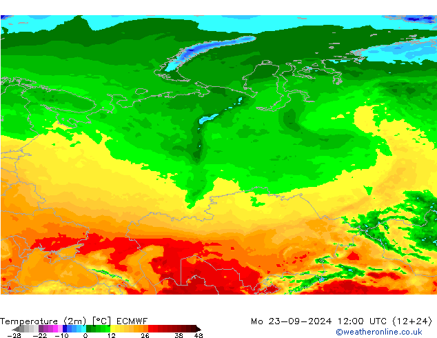 mapa temperatury (2m) ECMWF pon. 23.09.2024 12 UTC