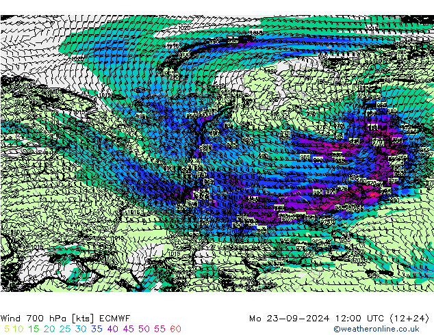 Wind 700 hPa ECMWF Po 23.09.2024 12 UTC