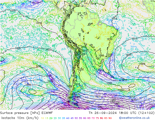 Isotachs (kph) ECMWF Qui 26.09.2024 18 UTC