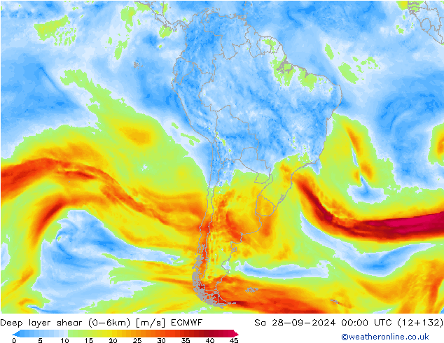 Deep layer shear (0-6km) ECMWF Sa 28.09.2024 00 UTC