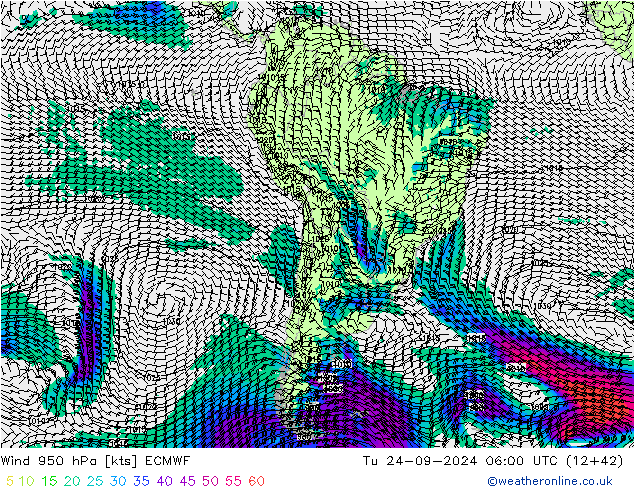 ветер 950 гПа ECMWF вт 24.09.2024 06 UTC