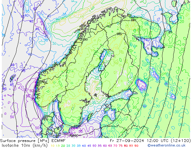 Isotachs (kph) ECMWF Fr 27.09.2024 12 UTC