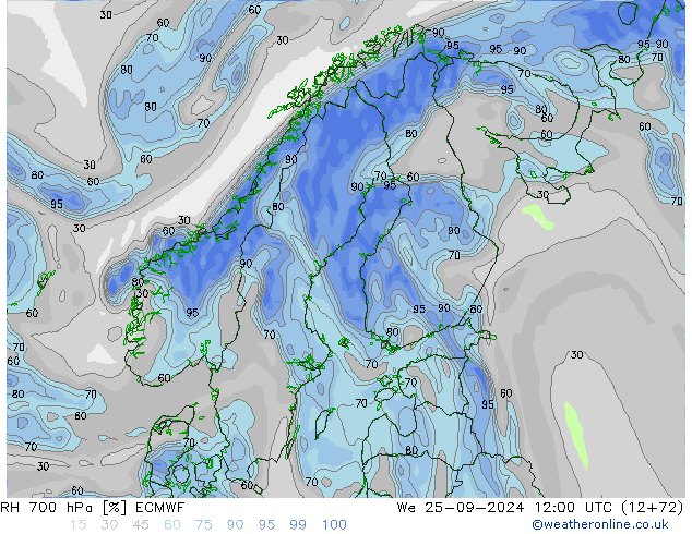 RH 700 hPa ECMWF śro. 25.09.2024 12 UTC