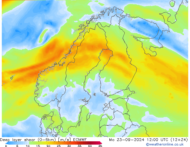 Deep layer shear (0-6km) ECMWF lun 23.09.2024 12 UTC