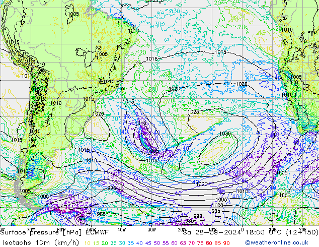 Isotachs (kph) ECMWF Sa 28.09.2024 18 UTC