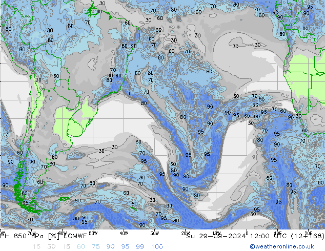 RH 850 hPa ECMWF dom 29.09.2024 12 UTC