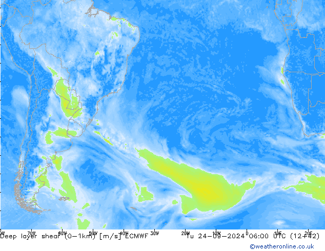 Deep layer shear (0-1km) ECMWF wto. 24.09.2024 06 UTC