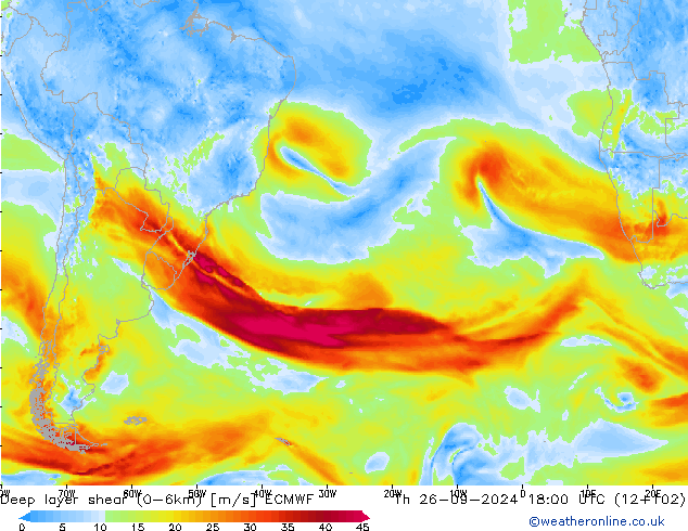 Deep layer shear (0-6km) ECMWF Čt 26.09.2024 18 UTC