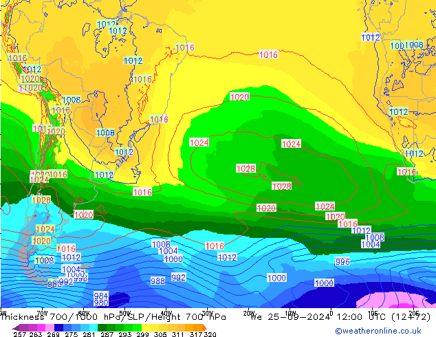 Thck 700-1000 hPa ECMWF mer 25.09.2024 12 UTC