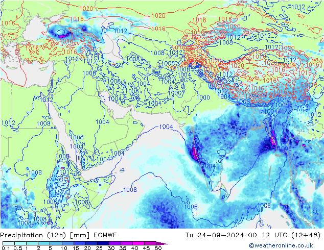 Precipitation (12h) ECMWF Tu 24.09.2024 12 UTC