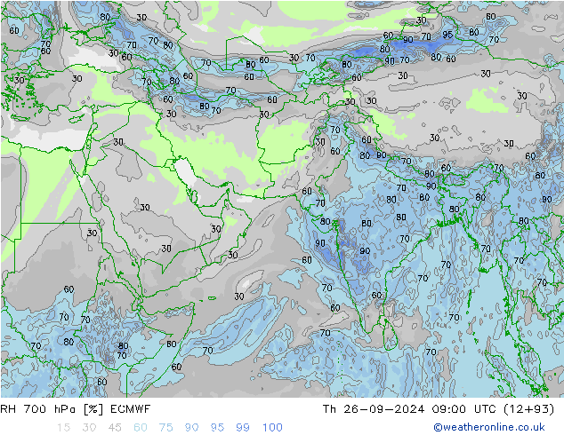 RH 700 hPa ECMWF 星期四 26.09.2024 09 UTC