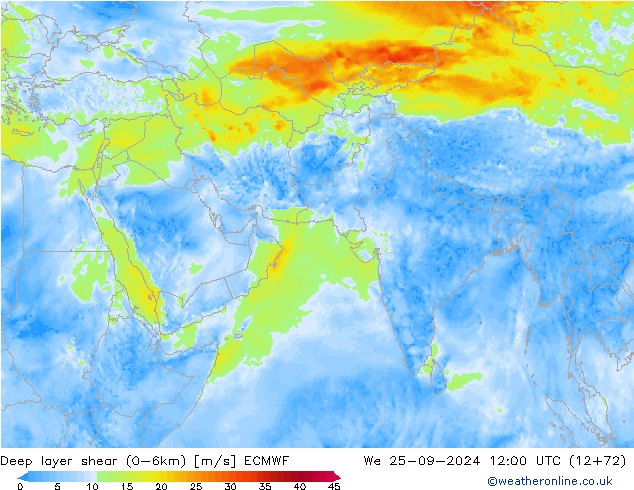 Deep layer shear (0-6km) ECMWF Qua 25.09.2024 12 UTC