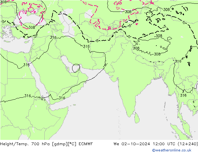 Height/Temp. 700 hPa ECMWF We 02.10.2024 12 UTC