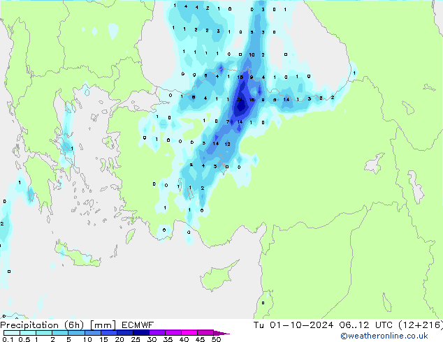 Totale neerslag (6h) ECMWF di 01.10.2024 12 UTC