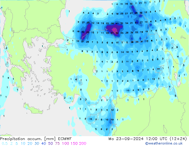 Precipitation accum. ECMWF pon. 23.09.2024 12 UTC