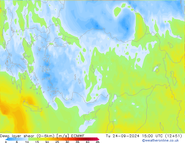 Deep layer shear (0-6km) ECMWF mar 24.09.2024 15 UTC