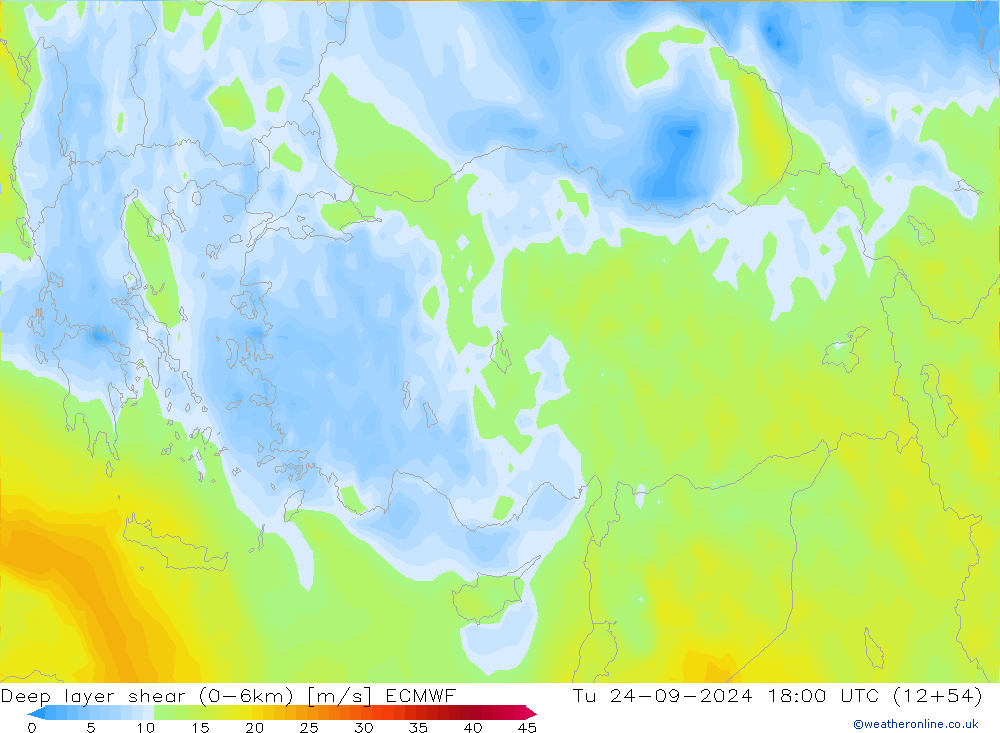 Deep layer shear (0-6km) ECMWF mar 24.09.2024 18 UTC