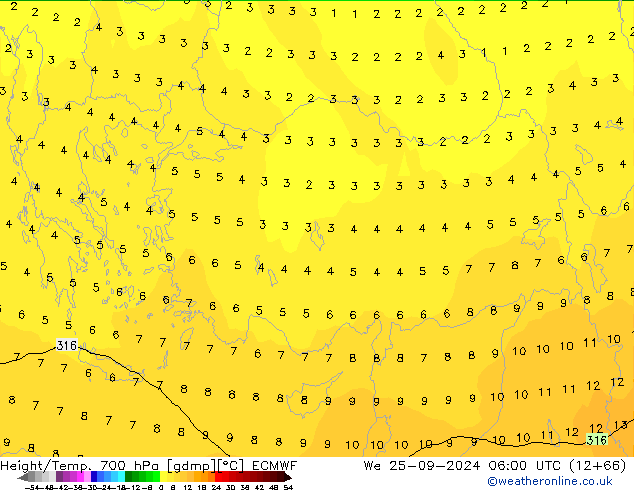 Géop./Temp. 700 hPa ECMWF mer 25.09.2024 06 UTC