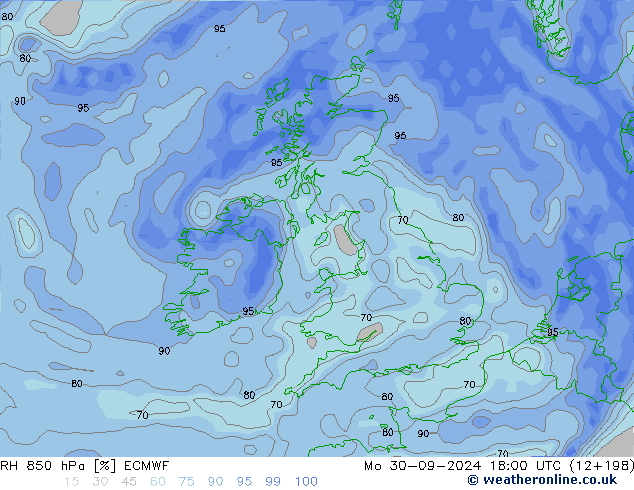 RH 850 гПа ECMWF пн 30.09.2024 18 UTC