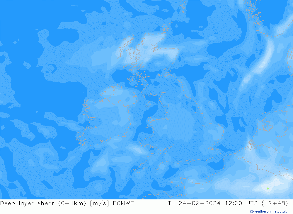 Deep layer shear (0-1km) ECMWF Sa 24.09.2024 12 UTC