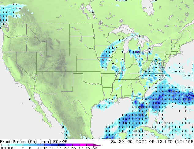 Precipitation (6h) ECMWF Ne 29.09.2024 12 UTC