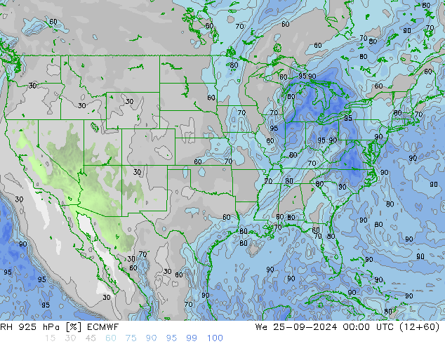 925 hPa Nispi Nem ECMWF Çar 25.09.2024 00 UTC